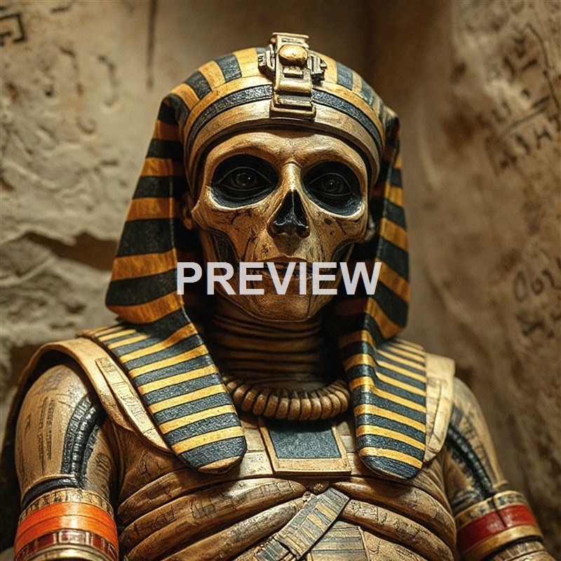 A detailed wooden sculpture of a humanoid figure with a skull face, wearing an Egyptian pharaoh headdress and jewelry, set against a stone wall background.